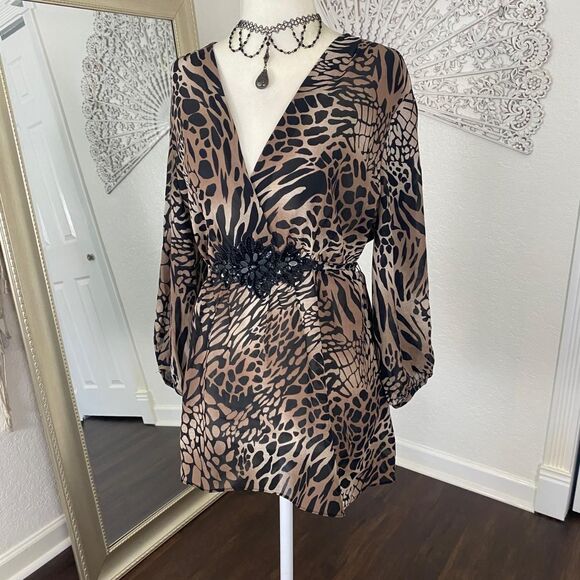 Early 2000's Euro Animal Print Cheetah Black Sequin Babydoll Blouse Top L - Picture 3 of 8